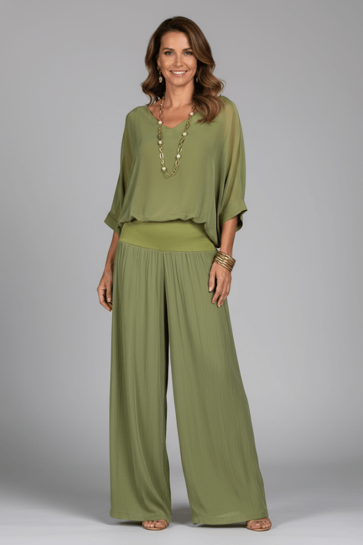 Women's Matching Two Piece Set with Dolman Sleeve Top and Wide-Leg Pants