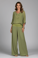 Women's Matching Two Piece Set with Dolman Sleeve Top and Wide-Leg Pants