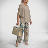 Women's Matching Two-Piece Set with Layered Flutter Top and Wide-Leg Pants