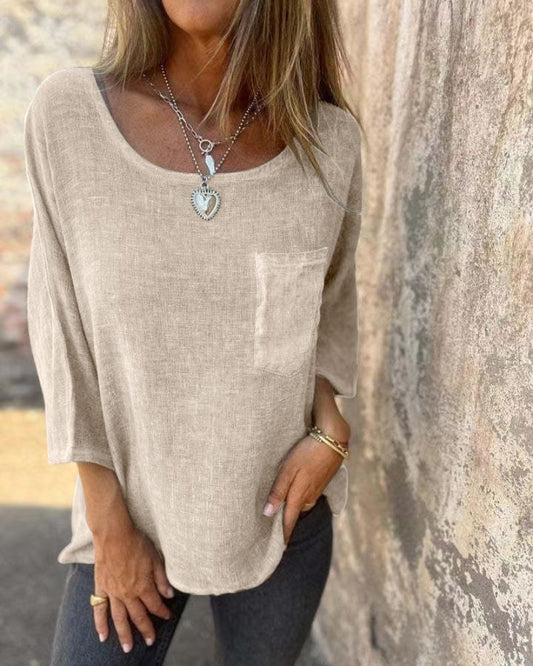 Cemagi Relaxed Fit Cotton Linen Blend Summer Top with Round Neckline and Chest Pocket