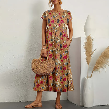 Women's Floral Print A-Line Midi Dress with Short Sleeves