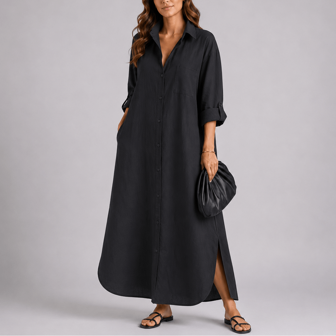 Relaxed Linen Button-Front Women's Summer Maxi Dress with Side Slit