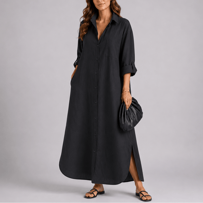 Relaxed Linen Button-Front Women's Summer Maxi Dress with Side Slit