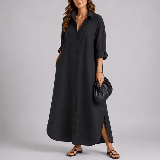 Relaxed Linen Button-Front Women's Summer Maxi Dress with Side Slit
