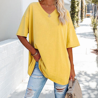 Oversized Cotton V-Neck Short Sleeve Top for Women