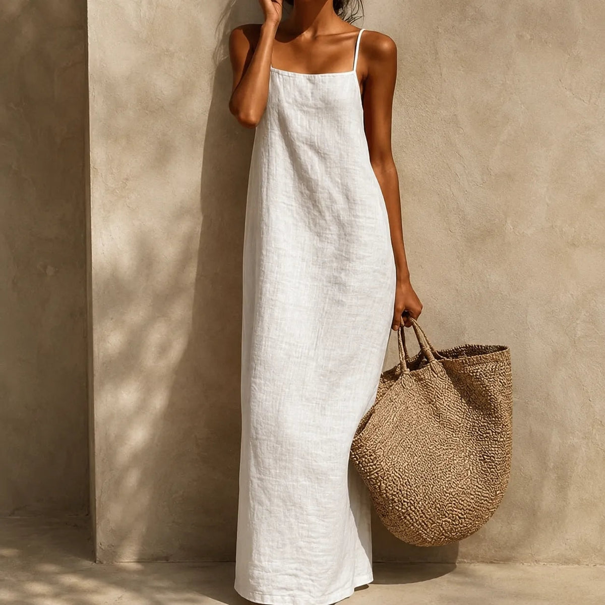 Marelle Linen-Look Summer Maxi Slip Dress with Adjustable Straps