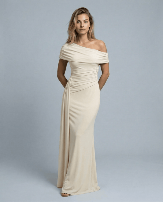Celeste Moreau Off Shoulder Ruched Maxi Cocktail Dress in Polyester