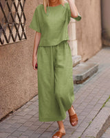 Linen Two-Piece Matching Set with Short-Sleeve Top and Wide-Leg Pants