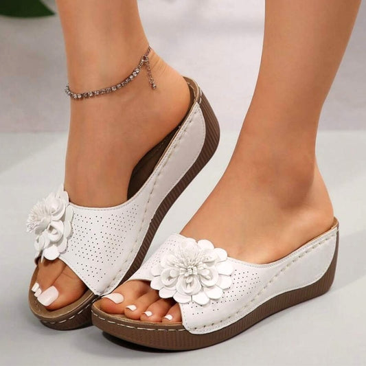 Flora Comfortable Slide Wedge Sandals with Perforated Upper and Flower Detail