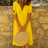 Women's Casual V-Neck Button-Front Knee-Length Dress with Short Tie Sleeves