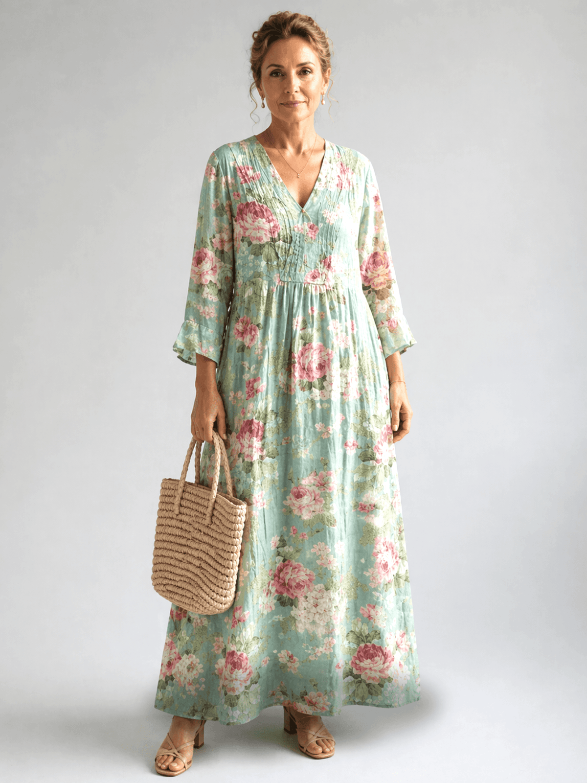 Anne Floral Cotton Women's Midi-Length A-Line Dress with Bell Sleeves