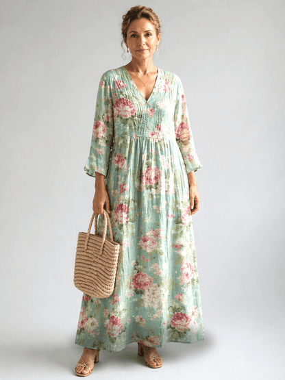 Anne Floral Cotton Women's Midi-Length A-Line Dress with Bell Sleeves