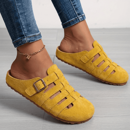 Women's Cushioned Suede Mule Sandals with Buckle Strap