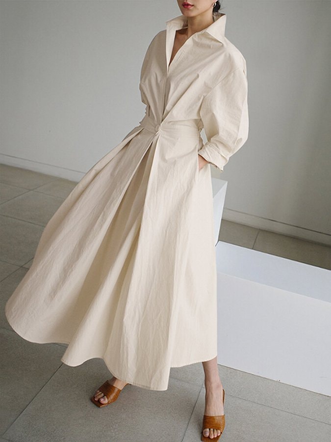 Sofia Collared A-Line Midi Dress with Pockets and 3/4 Sleeves