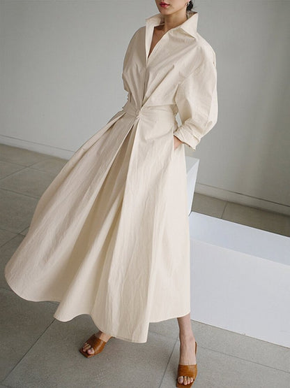 Sofia Collared A-Line Midi Dress with Pockets and 3/4 Sleeves