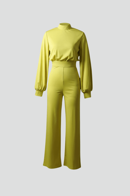 Women's Mock Neck Wide-Leg Linen Jumpsuit with Balloon Sleeves