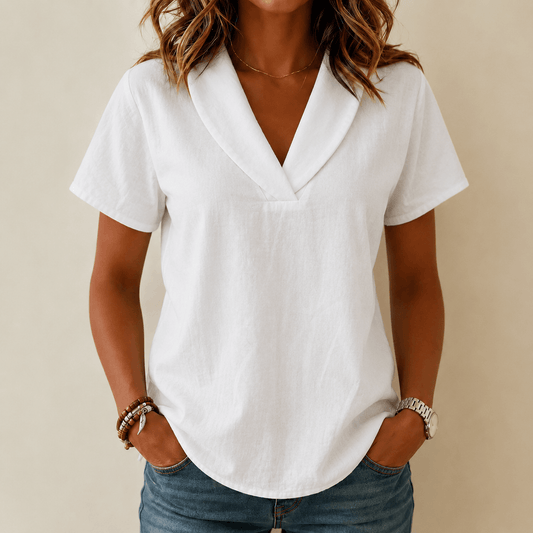Shawl-Collar V-Neck Short Sleeve Top with Textured Weave