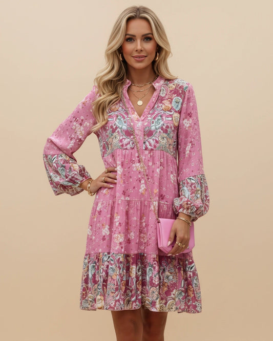 Women's Boho Floral Tiered Mini Dress with V-Neck and Long Balloon Sleeves
