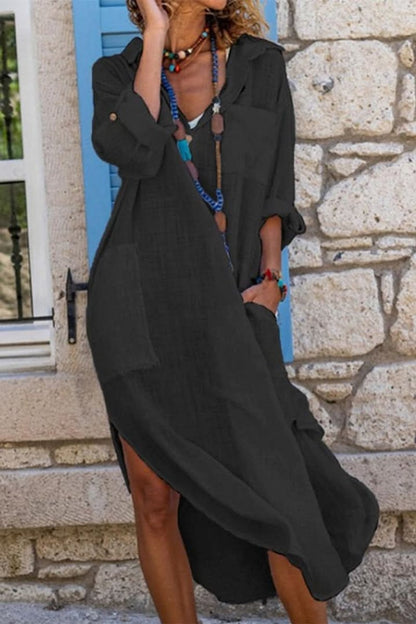 Thalia Oversized Collared Midi Shirt Dress with Roll-Up Sleeves and Side Pockets