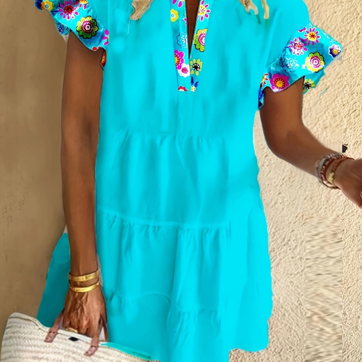 Danielle Boho Tiered Mini Dress with Ruffle Sleeves and Floral Print Trim