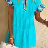 Danielle Boho Tiered Mini Dress with Ruffle Sleeves and Floral Print Trim