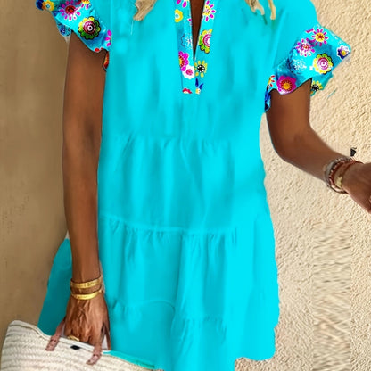Danielle Boho Tiered Mini Dress with Ruffle Sleeves and Floral Print Trim