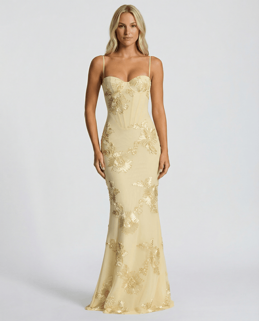 Aurélie Moreau | Embroidered Floral Mermaid Maxi Cocktail Dress in Polyester
