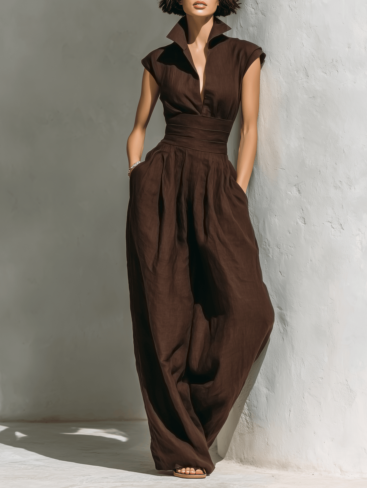 High-Waist Wide-Leg Linen Blend Jumpsuit with Pockets for Women