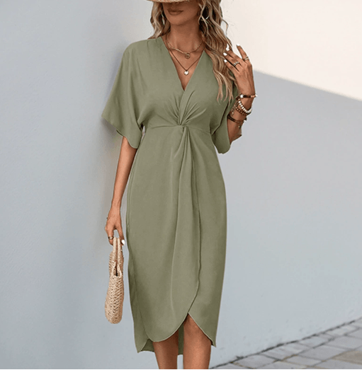 Tessa V-Neck Twist Front Midi Dress with Tulip Hem and Short Sleeves