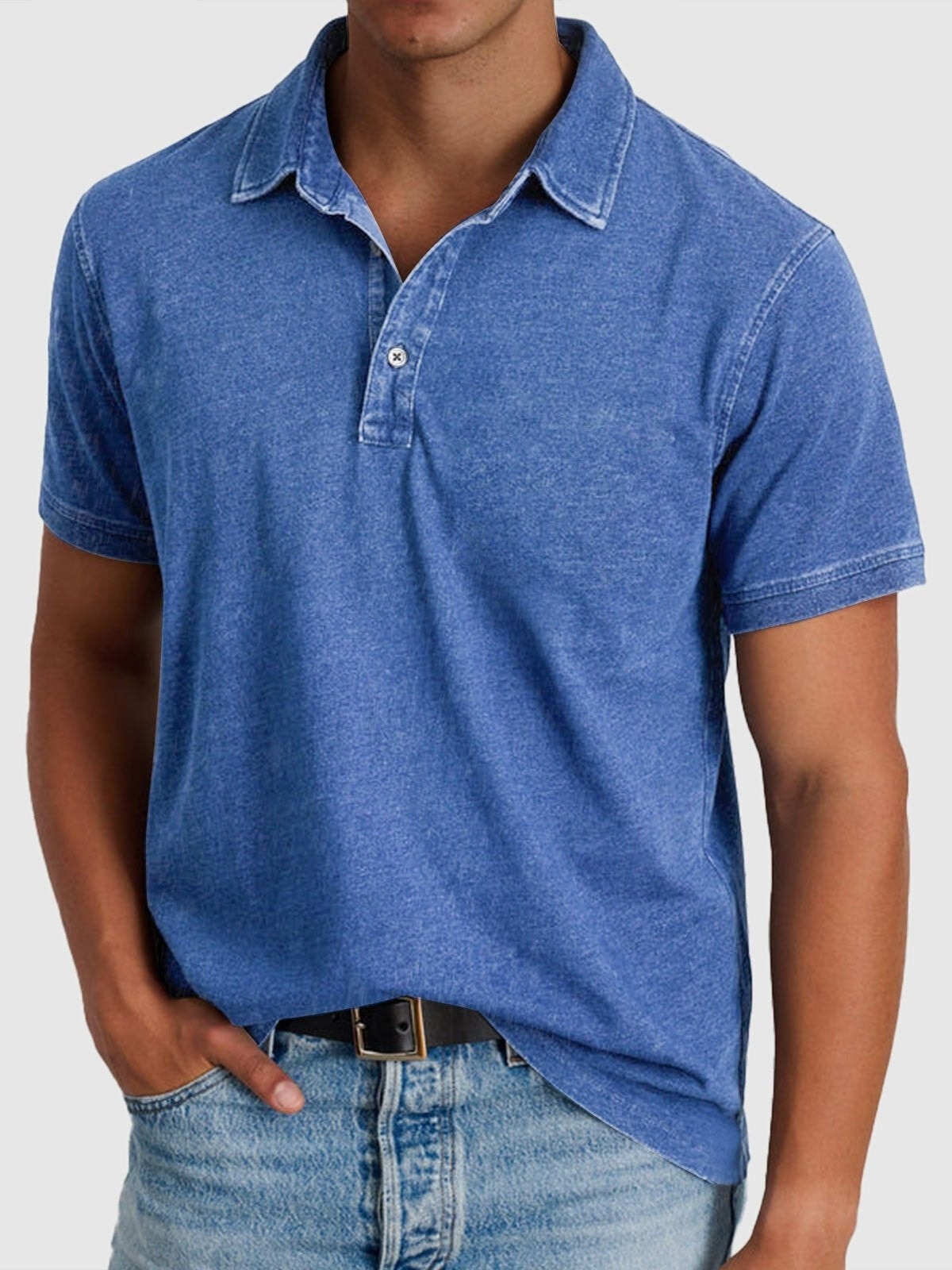 Men's Short-Sleeve Denim-Wash Cotton Polo Shirt