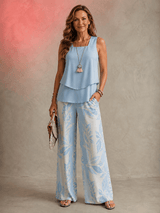 Ava Floral Square-Neck Top and Wide-Leg Pants Two-Piece Co-Ord Set for Women