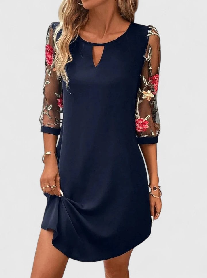 Keyhole Mini Dress with Floral Mesh Sleeves for Women