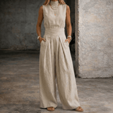 Viola High-Waist Wide-Leg Sleeveless Linen Jumpsuit with Collar