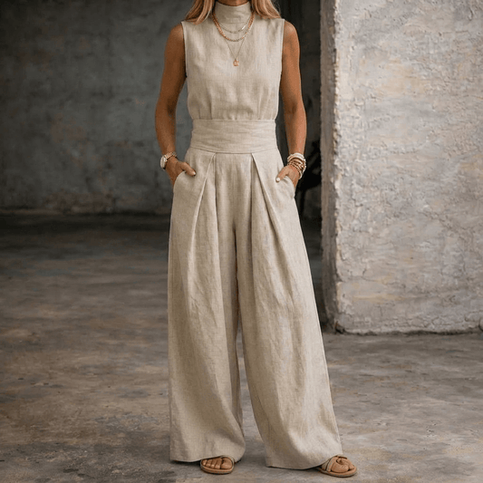 Viola High-Waist Wide-Leg Sleeveless Linen Jumpsuit with Collar
