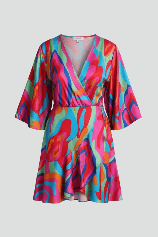 Batwing Sleeve Wrap Mini Dress with Adjustable Waist Tie