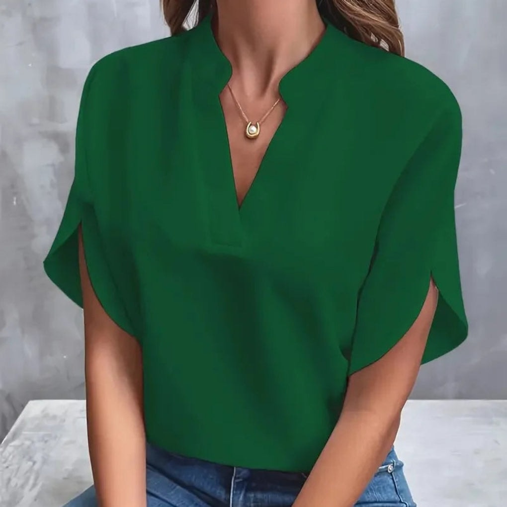 Women's V-Neck Split-Sleeve Top with Flowy Loose Fit