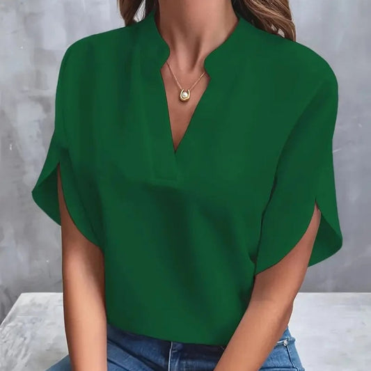 Women's V-Neck Split-Sleeve Top with Flowy Loose Fit