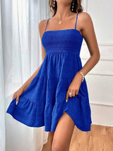 Women's Smocked Summer Mini Dress with Tiered Ruffle Hem and Thin Straps