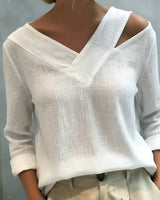 Vera Asymmetric V-Neck Linen-Look Top with Cold Shoulder Detail for Summer