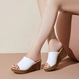 Open-Toe Platform Wedge Slide Sandals with Scalloped Edge
