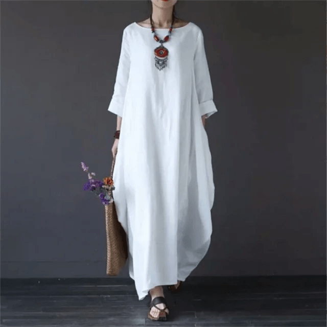 Relaxed Fit Cotton Maxi Dress with Mid-Length Sleeves and Swing Skirt