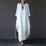 Relaxed Fit Cotton Maxi Dress with Mid-Length Sleeves and Swing Skirt