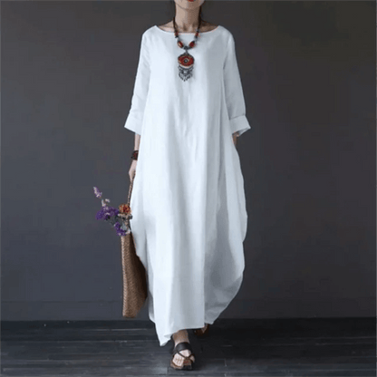 Relaxed Fit Cotton Maxi Dress with Mid-Length Sleeves and Swing Skirt