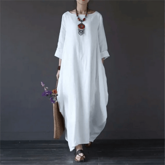 Relaxed Fit Cotton Maxi Dress with Mid-Length Sleeves and Swing Skirt
