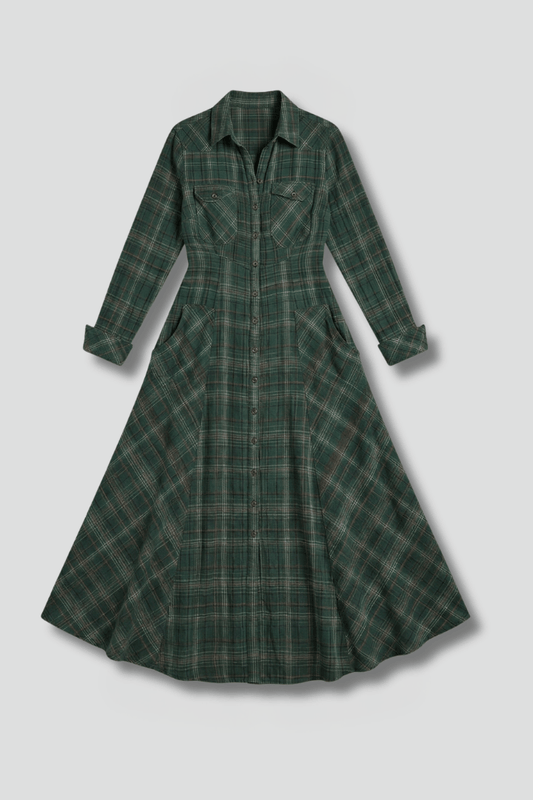 Women's Plaid Button-Front Cotton Maxi Dress with Long Sleeves