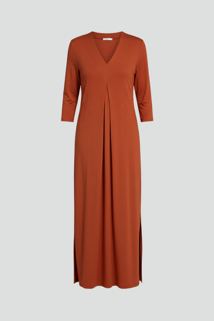 Women's Long Sleeve V-Neck Jersey Knit Maxi Dress with Side Slit