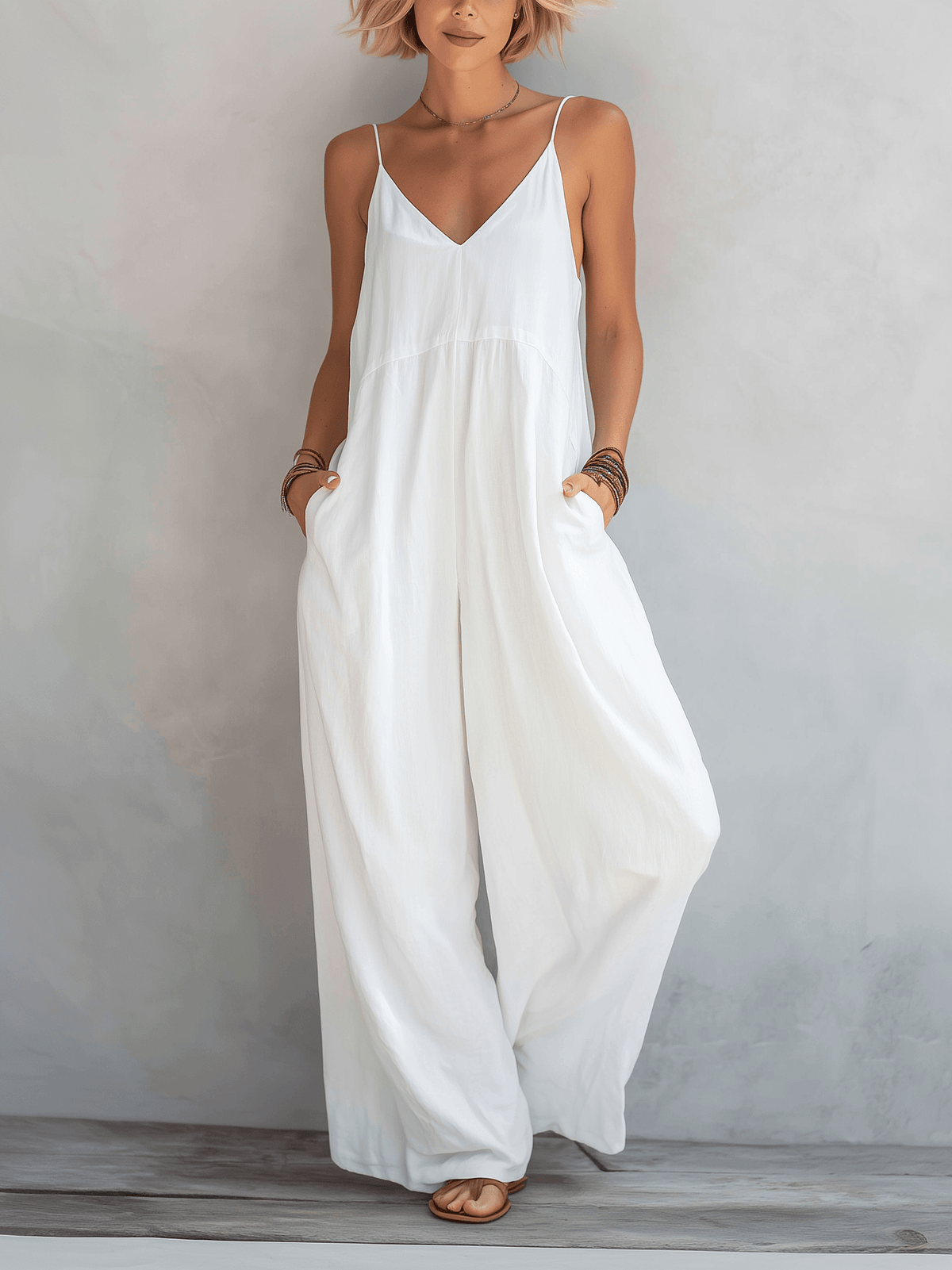 Women's Wide-Leg Linen Blend Jumpsuit with Spaghetti Straps