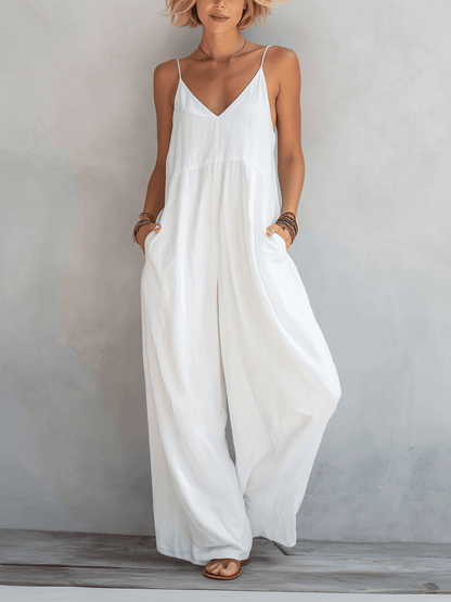 Women's Wide-Leg Linen Blend Jumpsuit with Spaghetti Straps
