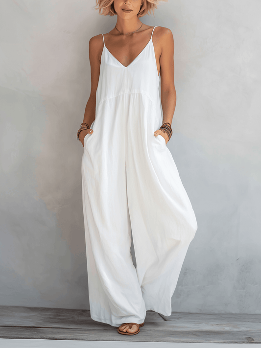Women's Wide-Leg Linen Blend Jumpsuit with Spaghetti Straps