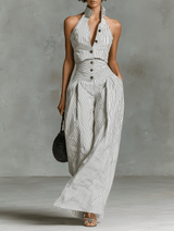 Women's Striped Halter-Neck Wide-Leg Linen Blend Jumpsuit